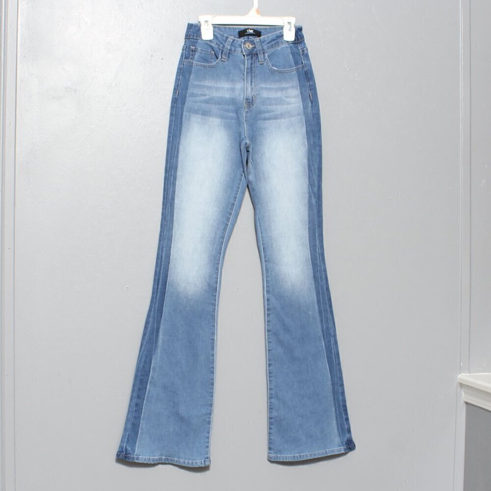 YMI light denim side stripe distressed hem high rise flare jeans